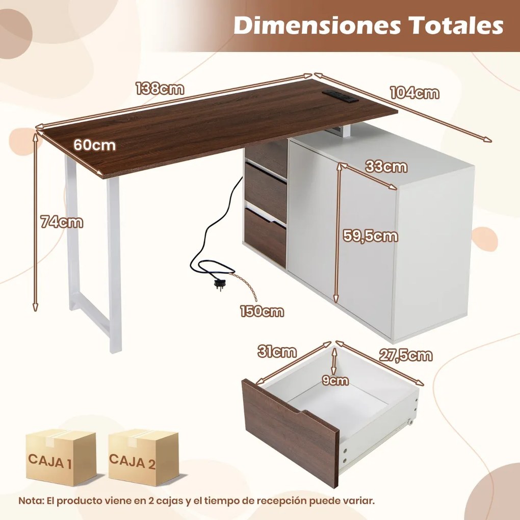 Secretária em forma de L 138 x 104 x 74 cm com arquivo e tomada elétrica com 3 gavetas Castanho e Branco