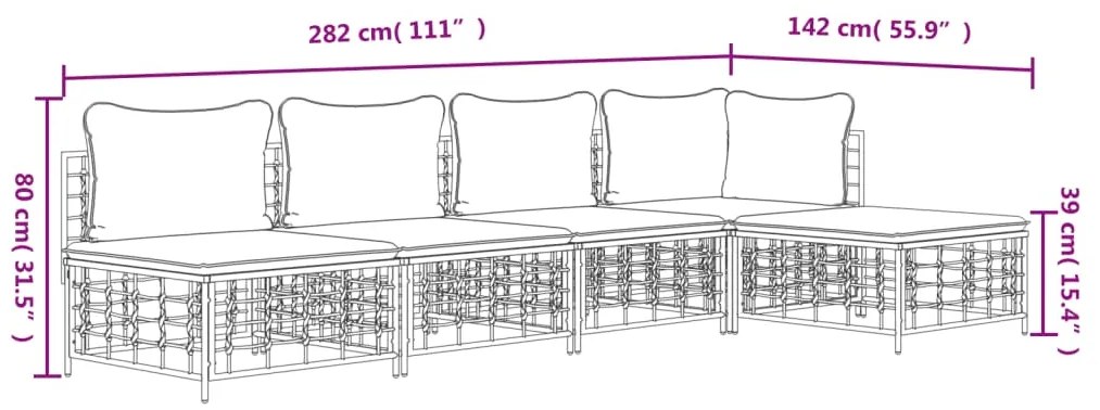 5 pcs conjunto lounge de jardim c/ almofadões vime PE antracite
