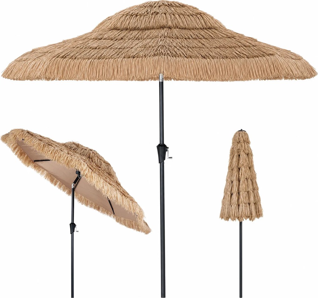 Guarda-sol de Palha Tiki , 250 x 250 x 215 cm, Inclinável a 30 Graus, Castanho
