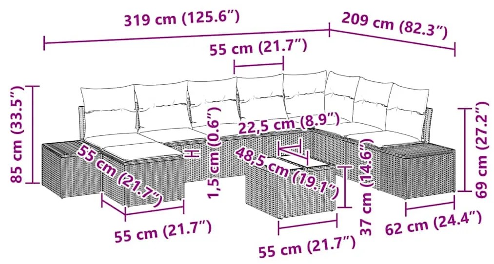 Conjunto de Sofá de Jardim com 9 Peças da , Almofadas em Rattan Sintét