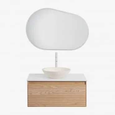 Conjunto De Móvel De Casa De Banho Em Madeira De Freixo Tedrik Castanho Fresno & Cimento Redondo Branco Ø40 Cm Zavion & Oval Led - Sklum