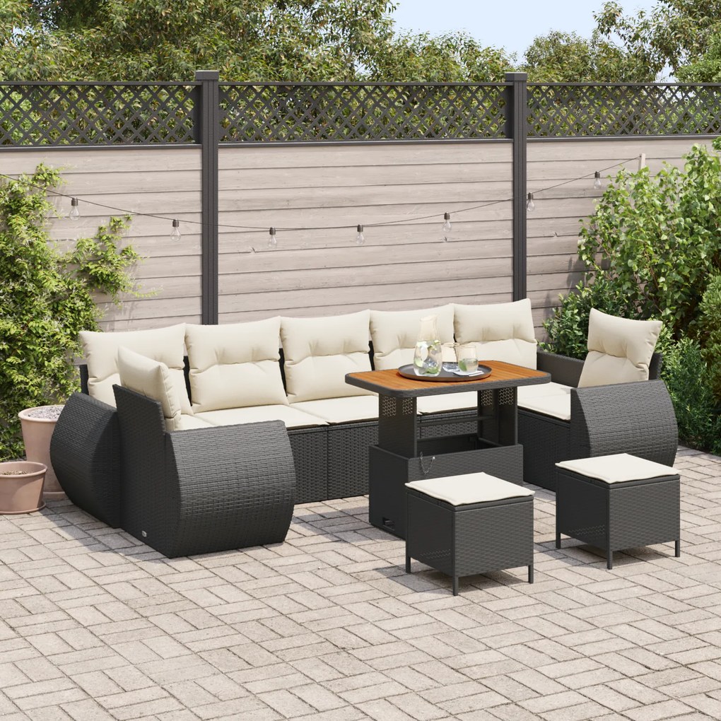 Conjunto de Sofá de Jardim de 10 Peças com Almofadas Rattan Sintético Preto Acácia