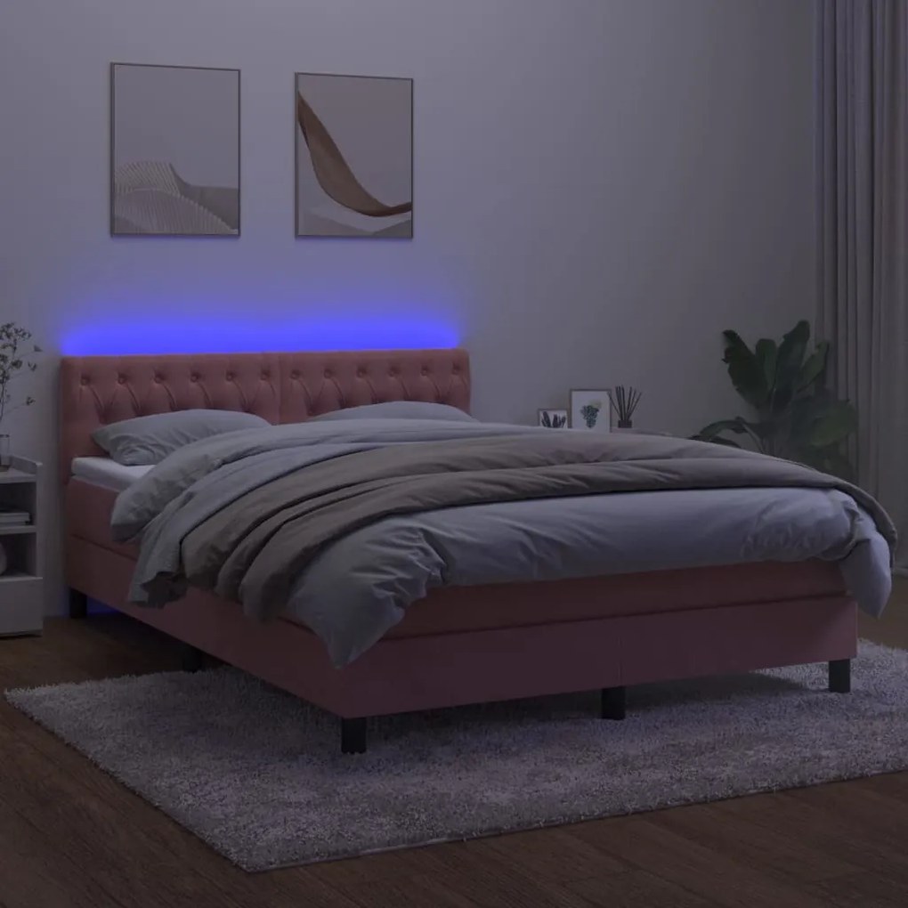 Cama box spring c/ colchão/LED 140x190 cm veludo rosa