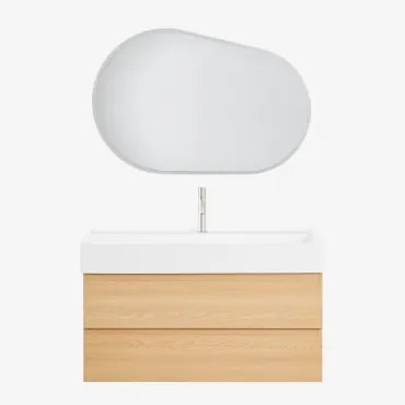 Conjunto De Móvel De Casa De Banho Em Madeira E Chapa De Freixo Com Lavatório Integrado Ona Madeira Natural & Oval Led E Anti-embaciamento - Sklum