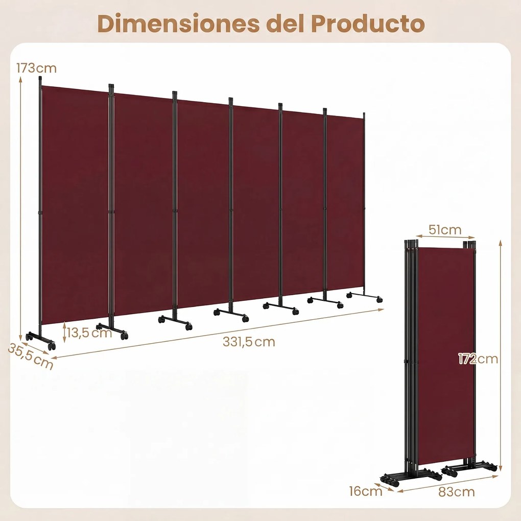 Biombo Separador de Ambientes Dobrável de 6 Painéis, 331,5 x 35,5 x 173 cm, Rodas com Travão, Castanho