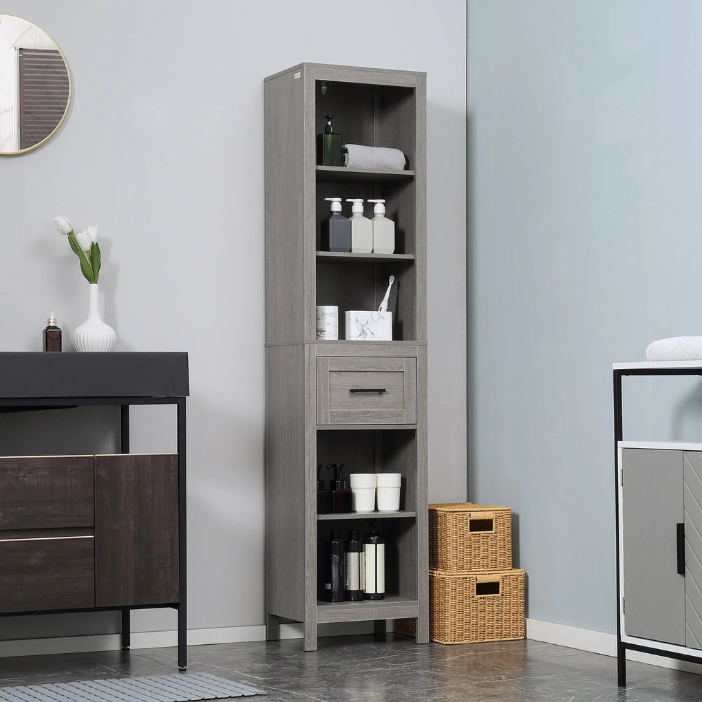 kleankin Coluna Casa de Banho com 1 Gaveta e Prateleiras Abertas Móvel Auxiliar de Armazenamento para Sala de Estar Dormitório Anti-Tombo 42x30x170cm Cinza