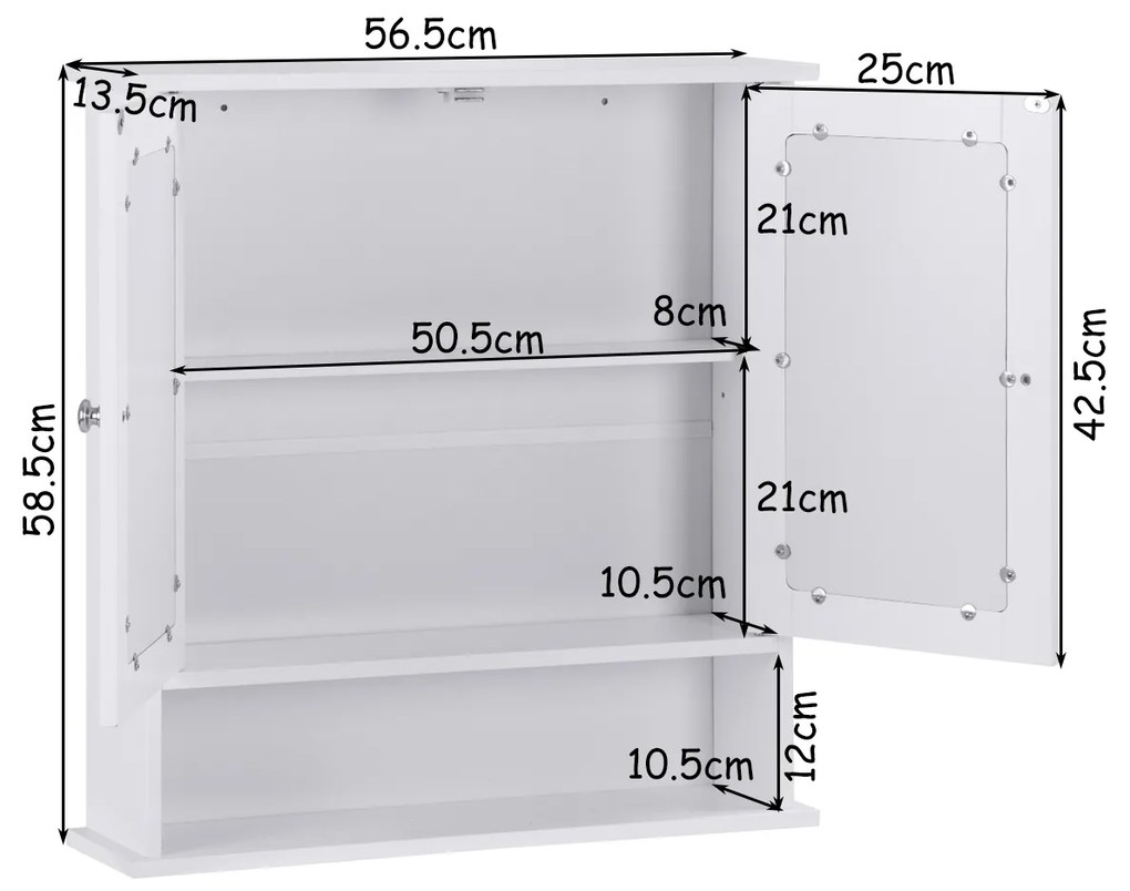 Armário com espelho de parede com duas portas 3 prateleiras 56,5x13,5x58,5cm Branco