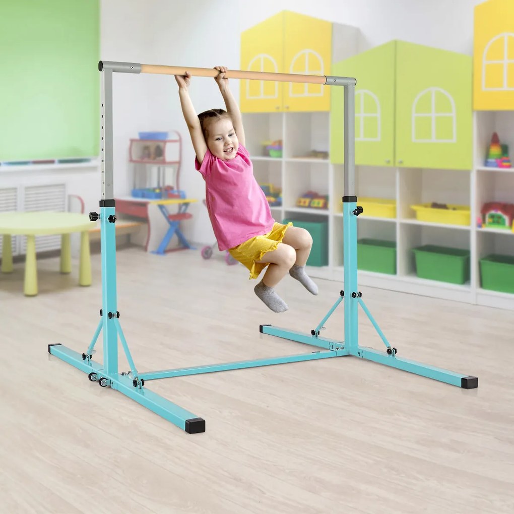 Barra de ginástica infantil dobrável com 13 alturas ajustáveis Estrutura triangular para ginásio em casa Carga 100 kg Azul Claro