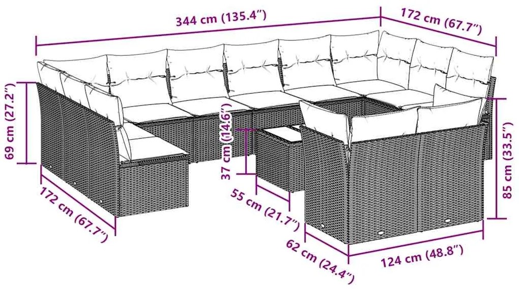13 pcs conj. sofás jardim c/ almofadões vime PE cinzento-claro