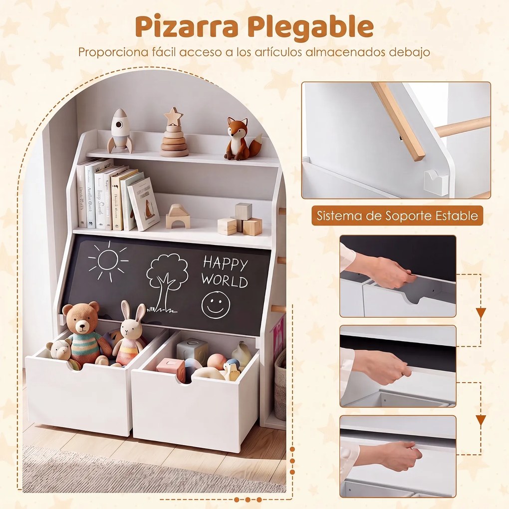 Estante Infantil para Brinquedos, 104 x 40 x 70 cm, com Quadro de Ardósia, Branco