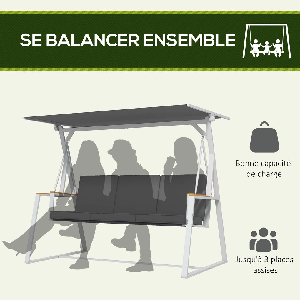 Baloiço de jardim de 3 lugares 205 L x 130 L x 175 A cm com teto de inclinação ajustável e colchão incluído cinzento