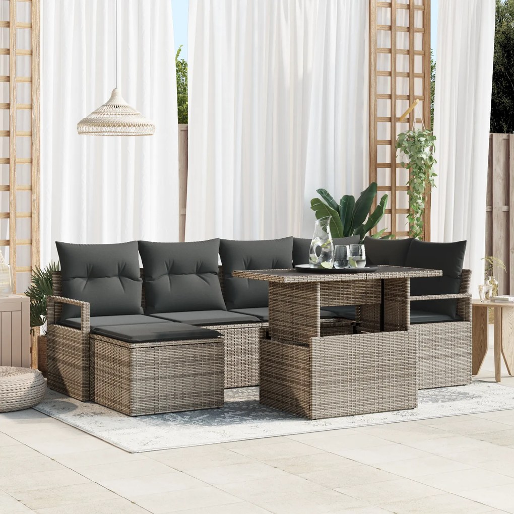 Conjunto de Sofá de Jardim com 7 Peças e Almofadas Cinza Rattan Sintét