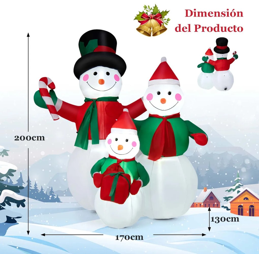 Família de Bonecos de Neve Insufláveis Decoração de Natal com Luzes LED Molas e Sacos de Areia Interior e Exterior