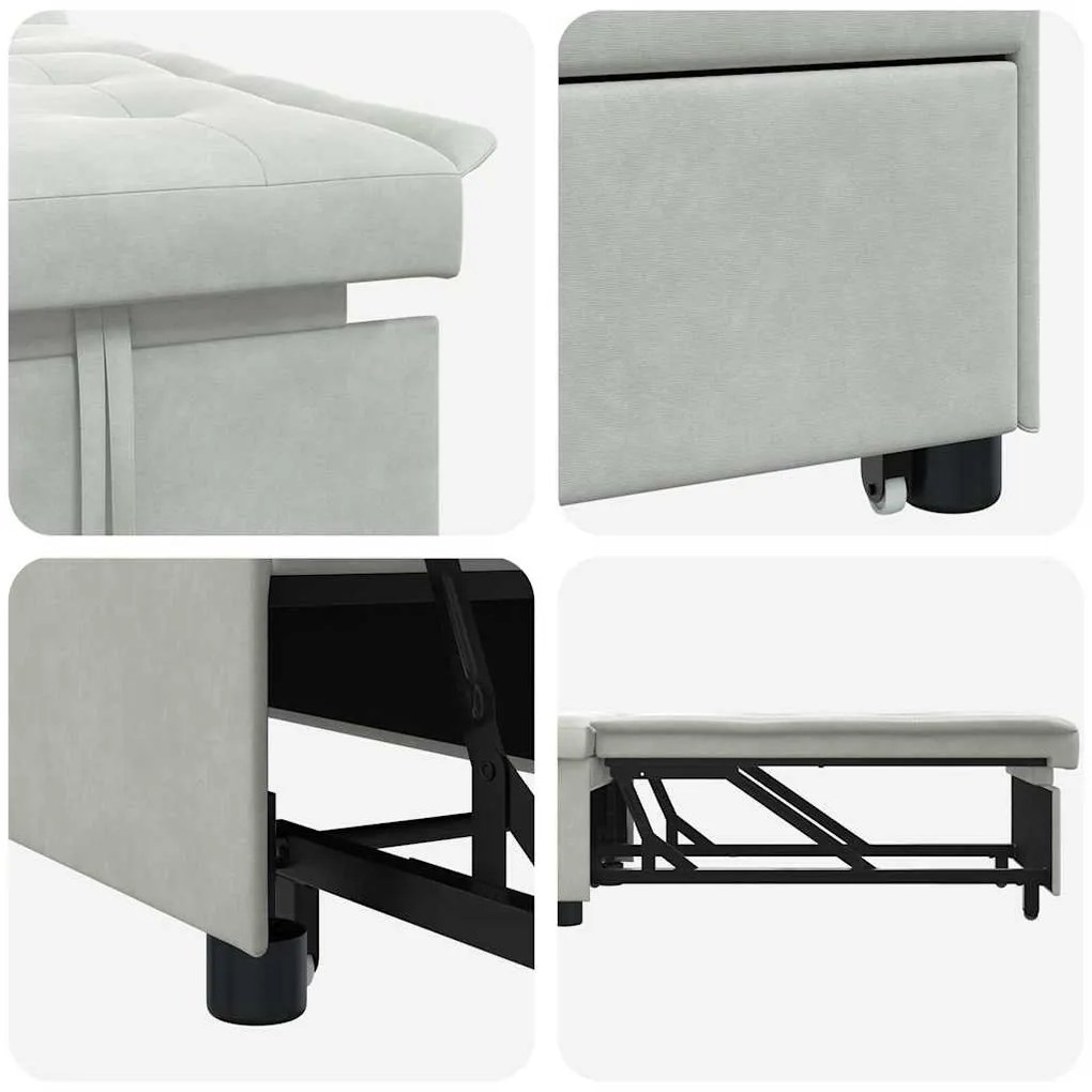 Sofá Cama Design Retrátil 3 em 1 Cinza Claro Veludo