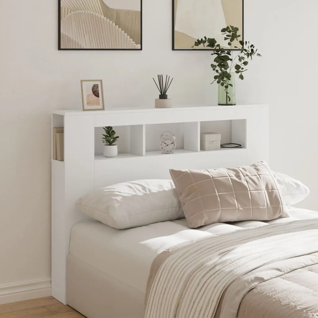 Cabeceira cama c/ LEDs 140x18,5x103,5 cm deriv. madeira branco
