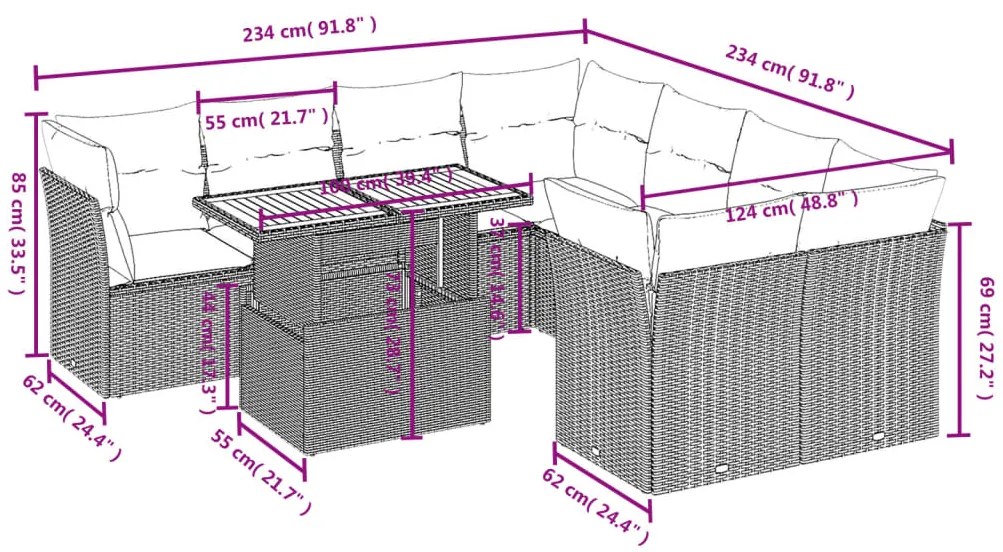 9 pcs conjunto sofás p/ jardim com almofadões vime PE cinzento
