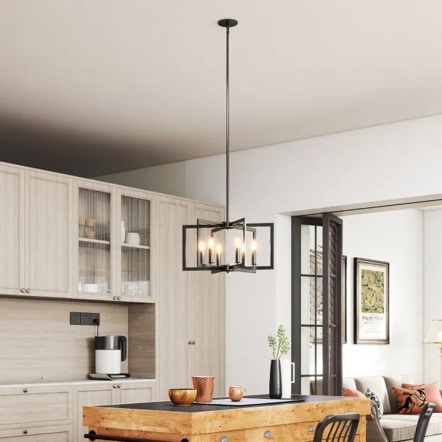 Candeeiro Teto rústico de 6 luzes com design geométrico, altura ajustável e metal industrial para sala de jantar e ilha de cozinha, preto