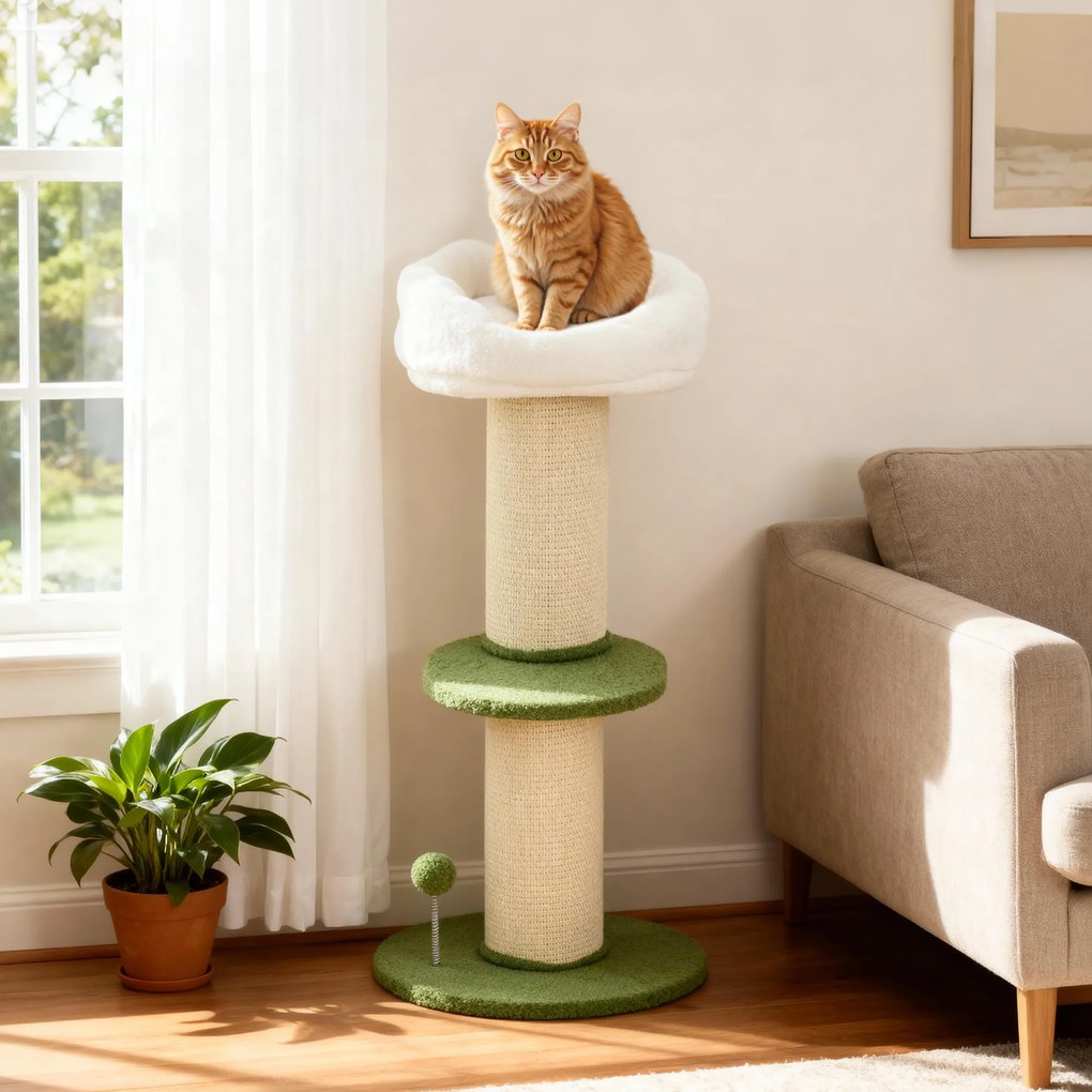 Arranhador para gatos  Ø 45 x 92 cm com flores, de 3 níveis, barril para arranhar, plataforma e poste com bola em sisal,, verde