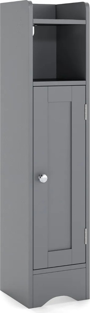 Móvel de casa de banho 18 x 19,5 x 80 cm, estreito com porta e prateleiras ajustáveis, suporte para rolo de papel higiénico cinzento