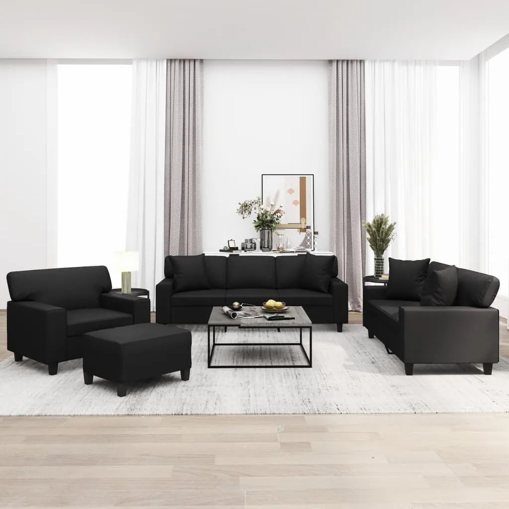 vidaXL 4 pcs conjunto sofás c/ almofadas/almofadões couro artif. preto