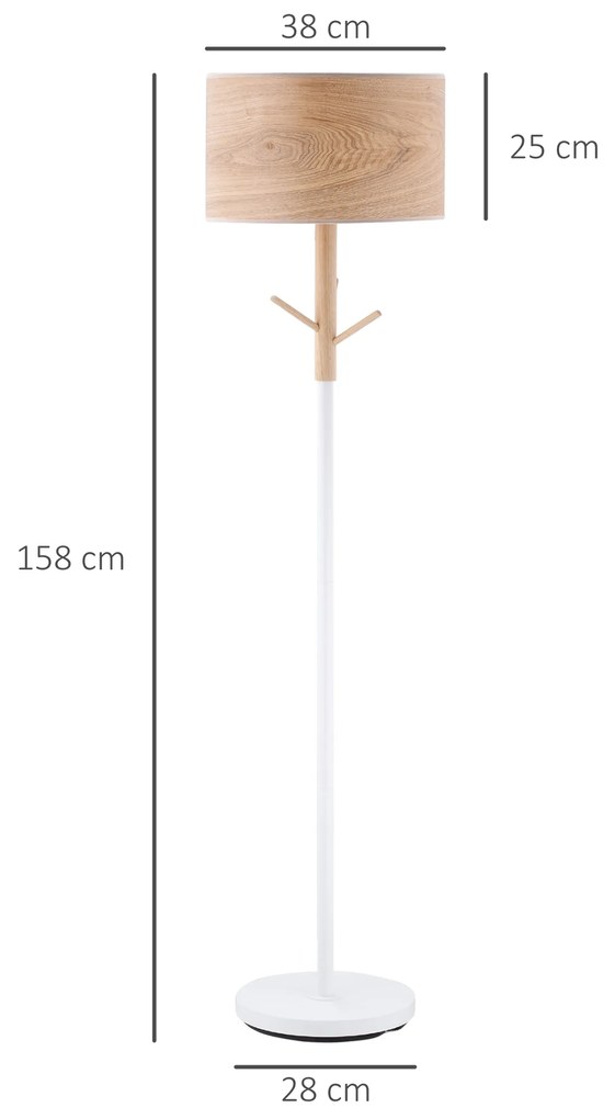 Candeeiro de Pé com Ganchos para Bolsa Chapéus Ecrã de PE Suporte para Lâmpada E27 Máx. 40W e Interruptor de Pé Moderno para Sala de Estar Dormitório Ø38x158cm Natural e Branco