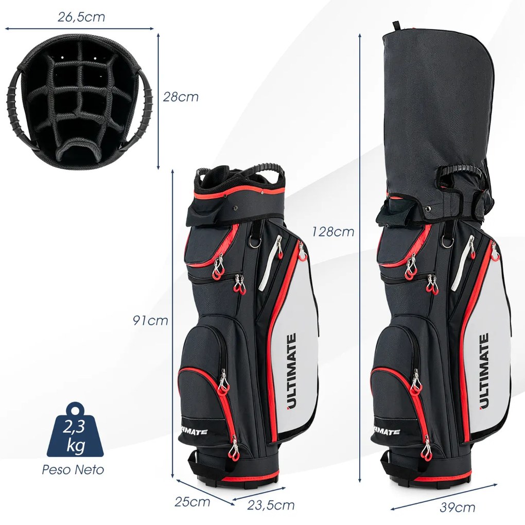 Saco de golfe leve de grande capacidade com 14 divisórias, 8 bolsos, capa para chuva e bolsa térmica para bebidas, 39 x 25 x 128 cm, Preto