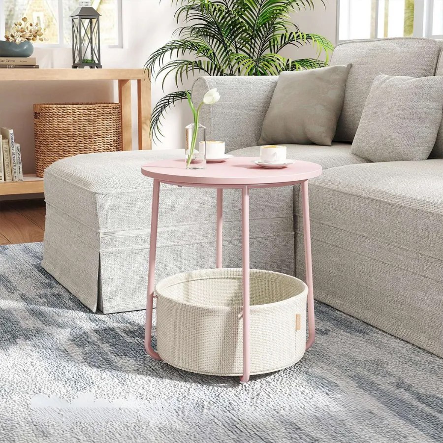 Mesa auxiliar redonda com cesto em tecido 45 x 50 cm rosa + branco creme