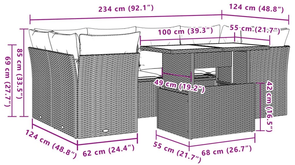 7 pcs conjunto de sofás p/ jardim com almofadões vime PE bege