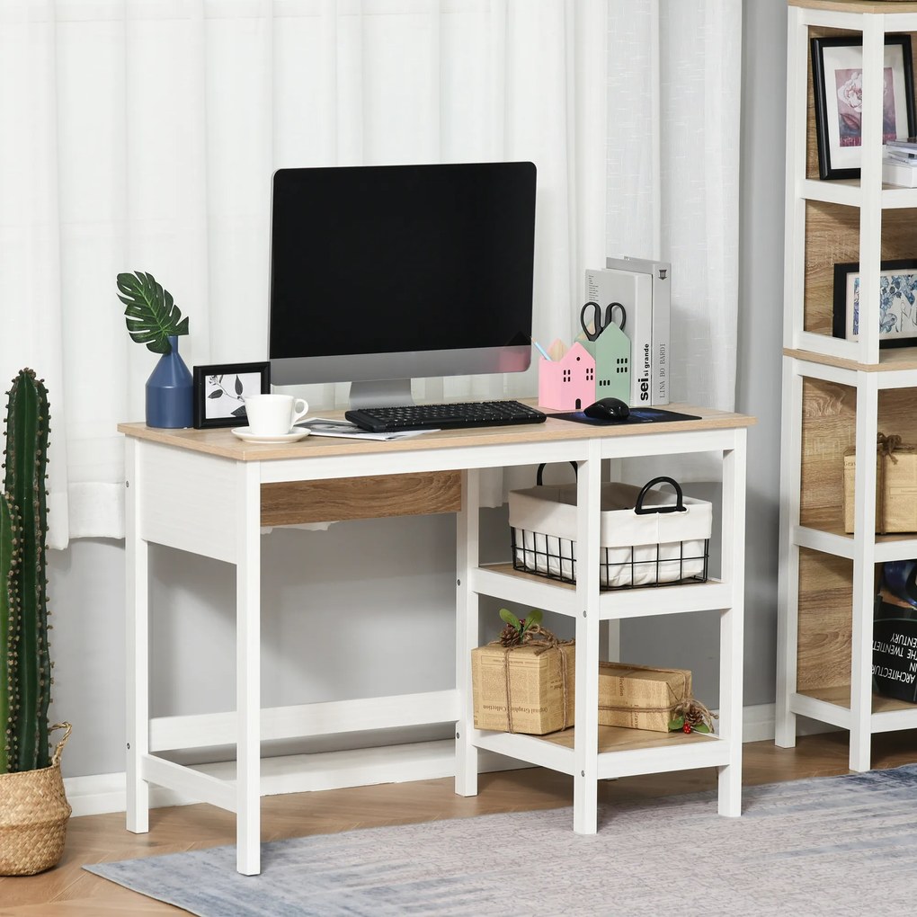 Secretária com 110 cm de comprimento x 48 cm de largura x 76 cm de altura, 2 prateleiras laterais em MDF E1, carvalho claro e branco