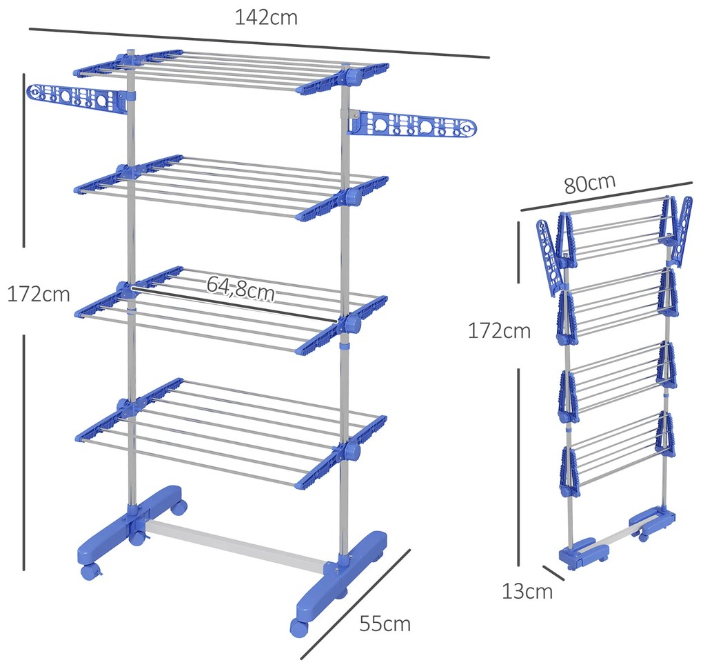 Estendal Vertical Dobrável de 4 Níveis com 6 Rodas 2 Laterais Dobráveis Prateleiras Ajustáveis 142x55x172 cm Azul