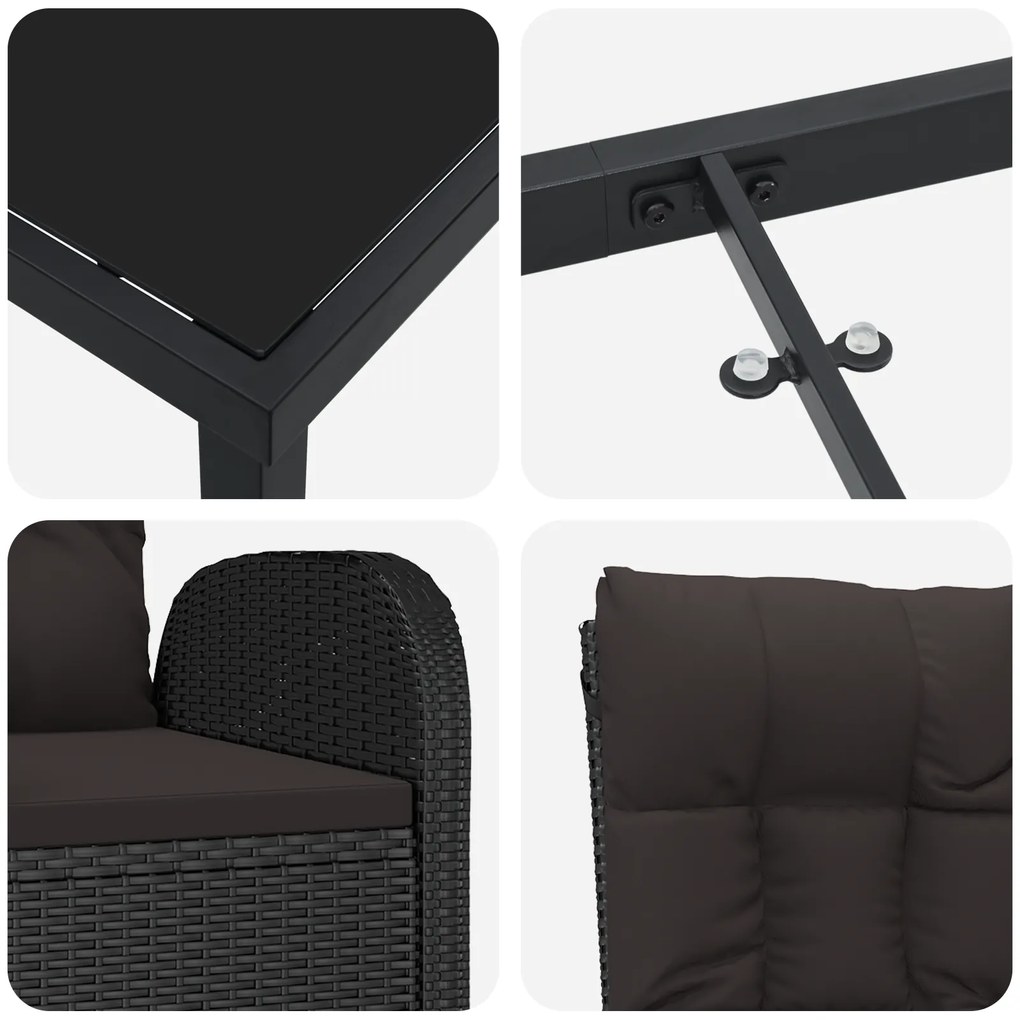 Conjunto de Jantar de Jardim com 3 Peças com Almofadas Preto Rattan Po