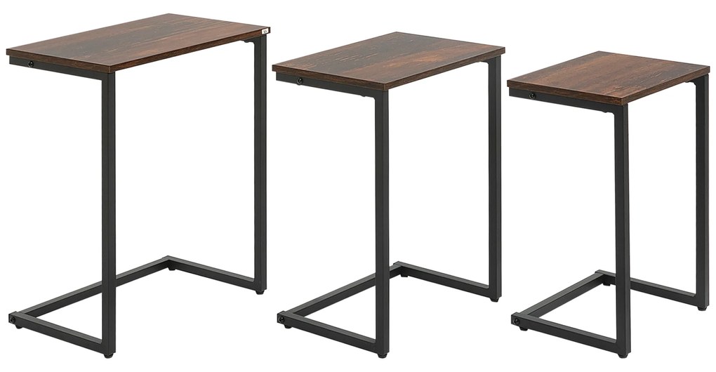 HOMCOM Conjunto de 3 Mesas Auxiliares em Forma de C com Pés de Aço 45x30x60cm 40x28x56cm e 34x25x50cm Marrom Rústico