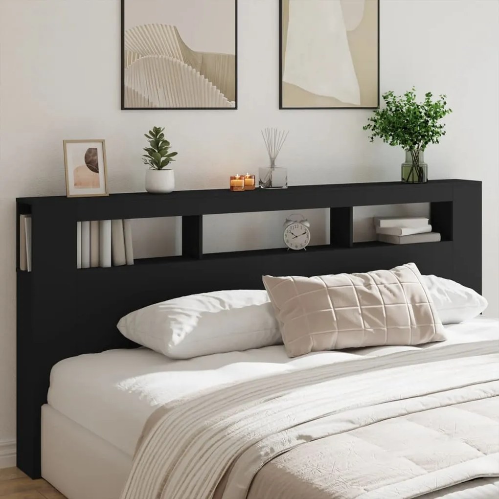 Cabeceira cama c/ LEDs 220x18,5x103,5 cm deriv. madeira preto