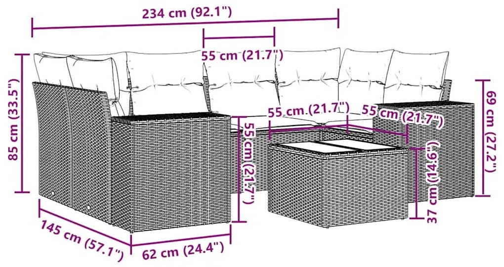 7 pcs conj. sofás jardim com almofadões vime PE cinzento-claro