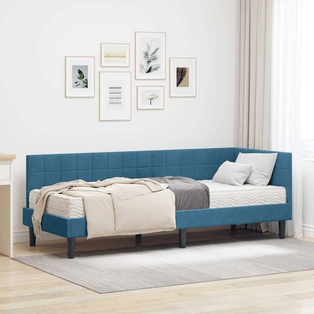vidaXL Estrutura de Cama de Canto com Colchão Manual 2 pcs Azul Veludo