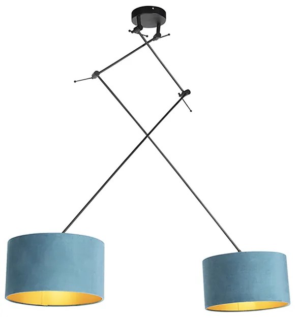 Candeeiro de suspensão preto com abajures de veludo azul e dourado 35 cm 2 luzes - Blitz Clássico / Antigo