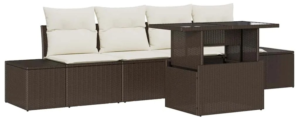 Conjunto de Sofá de Jardim com 5 Peças e Almofadas Castanho em Rattan
