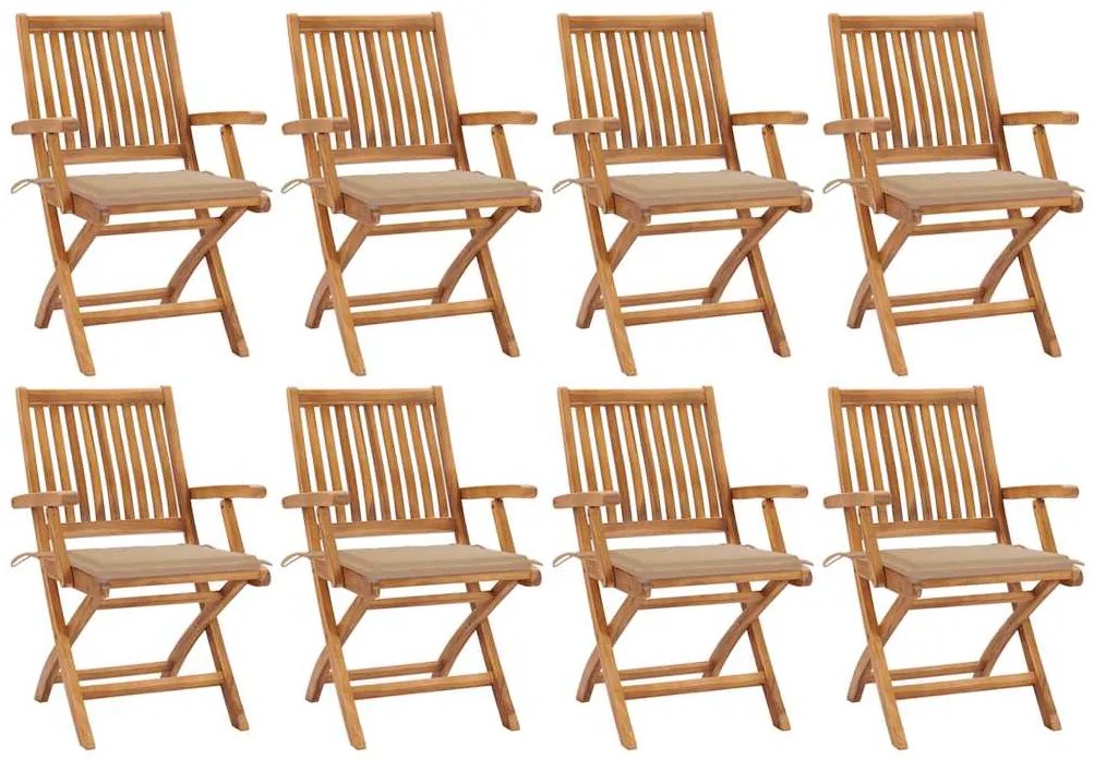 vidaXL Cadeiras de jardim dobráveis c/ almofadões 8 pcs teca maciça