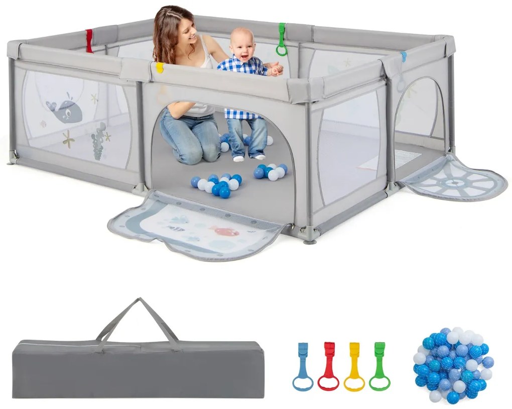 Parque infantil 206 x 147 x 68,5 cm com padrão oceânico Tapete Centro de atividades Atóxico Bolas Transpirável Fecho de correr Cinza