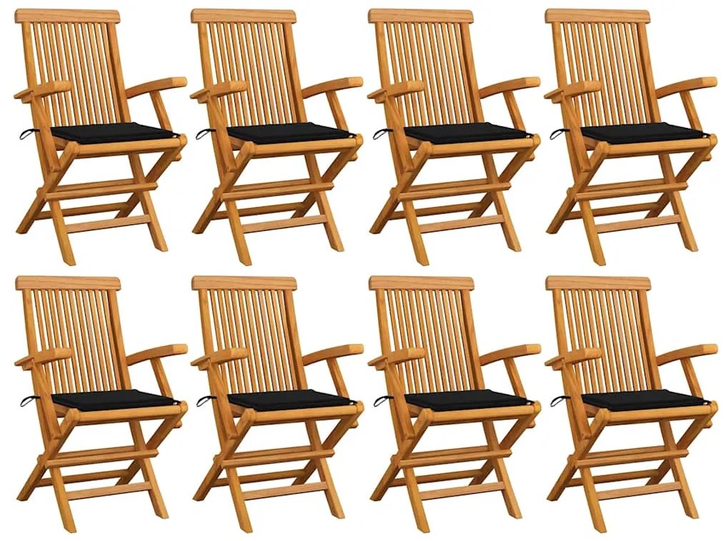 Cadeiras de jardim c/ almofadões pretos 8 pcs teca maciça