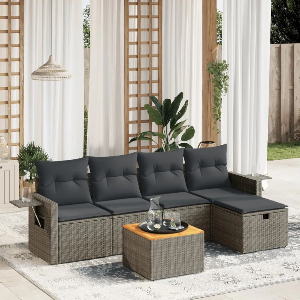 6 pcs conjunto sofás de jardim com almofadões vime cinzento