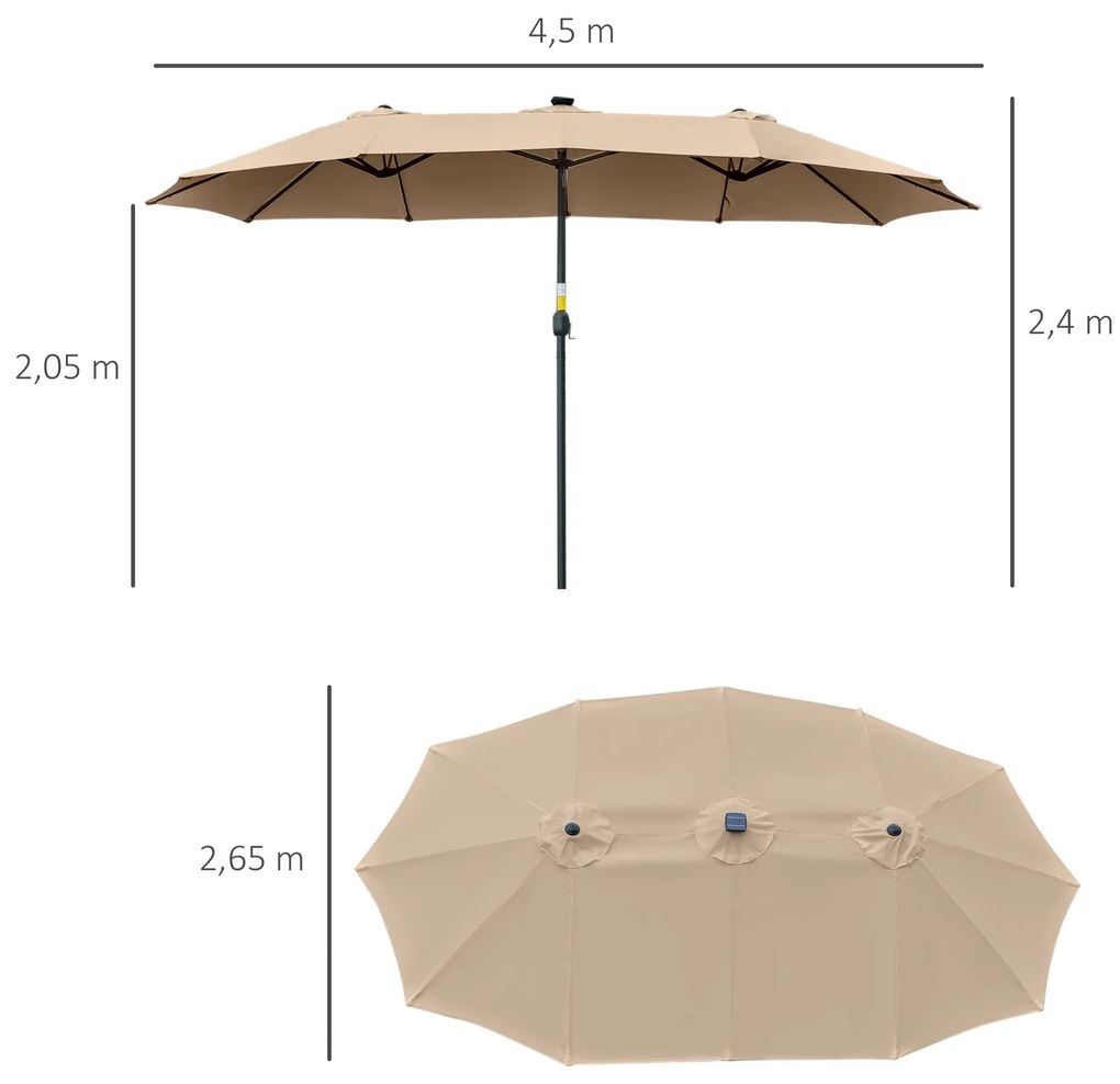 Outsunny Chapéu de Sol Duplo de Jardim com 48 Luzes LED Solar 450x265x240cm Chapéu de Sol de Exterior com Manivela Proteção Solar para Terraço Balcão Piscina Cáqui