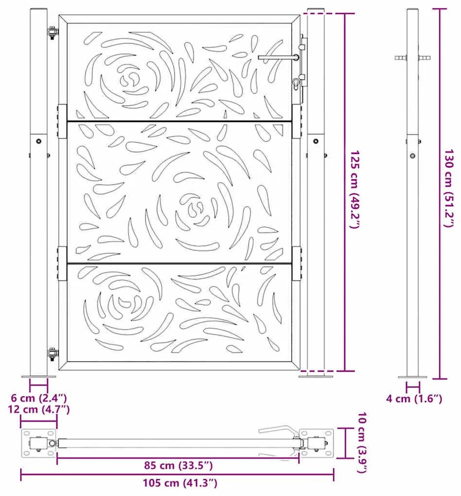 Portão de jardim 105x130 cm design de chama de aço resistente