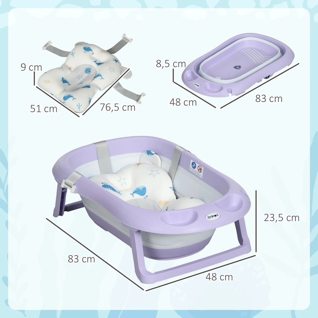 Banheira para Bebé Recém Nascido Dobrável 40L com Almofada Pés Antiderrapantes e Orifício de Drenagem 83x48x23,5 cm Roxo