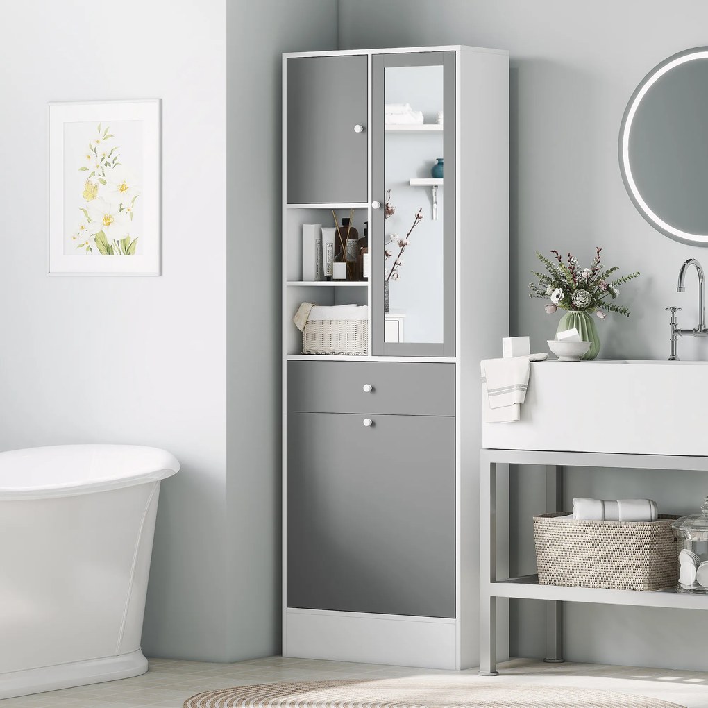 Móvel de casa de banho 62 x 28,3 x 181 cm com cesto para roupa suja e espelho com prateleira ajustável, cinzento e branco