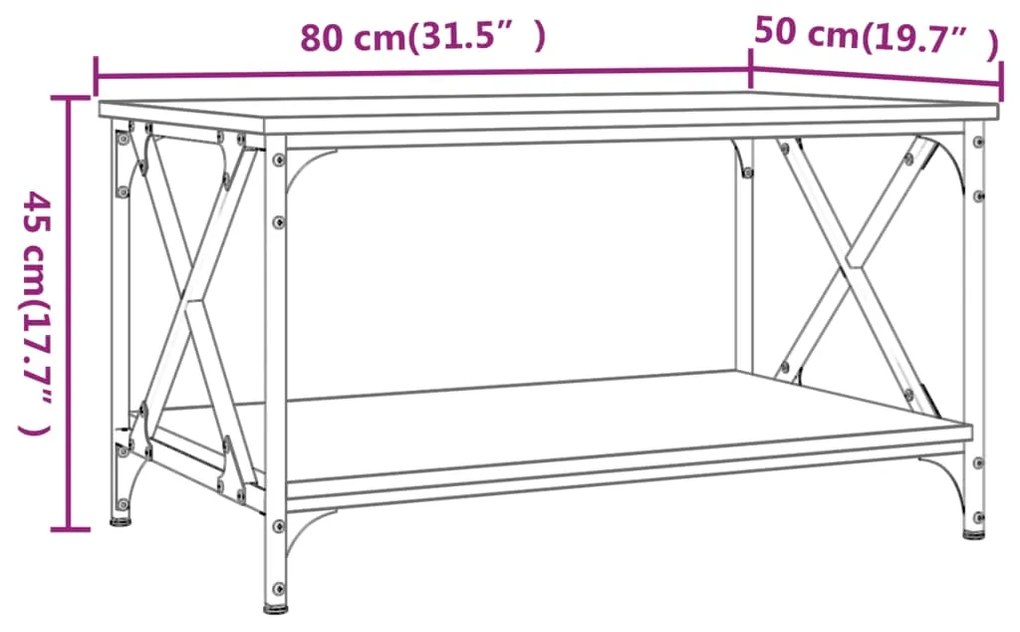 Mesa de centro 80x50x45 deriv. madeira/ferro carvalho castanho