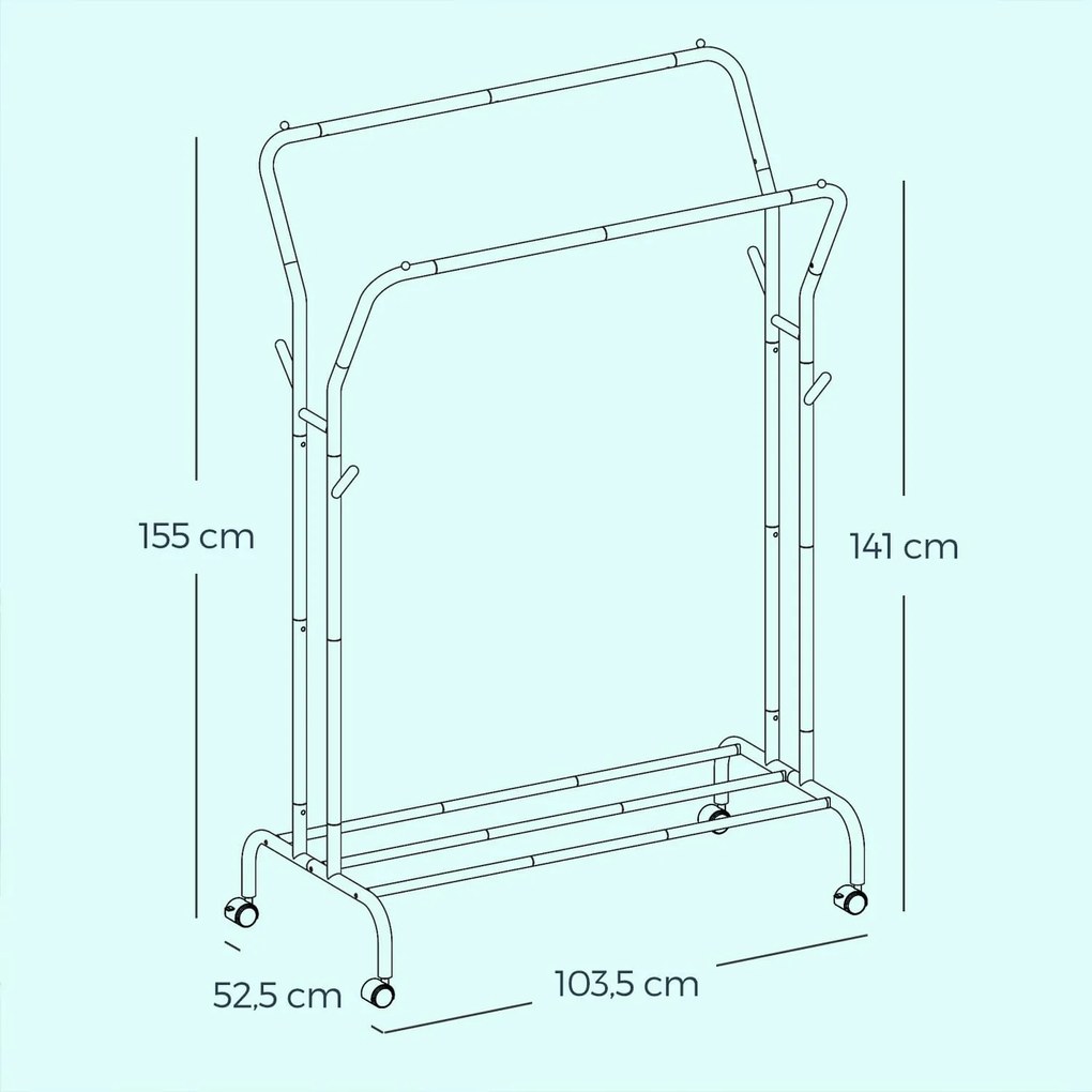 Cabide guarda roupa com rodas de 52,5 x 103,5 x 155 cm prateado