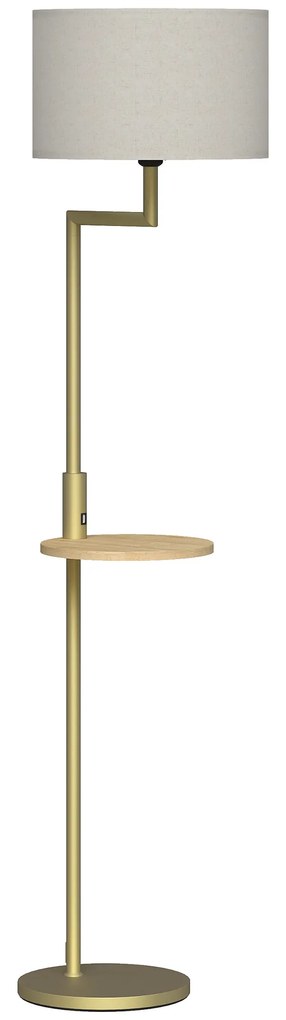 Candeeiro de Pé com Mesa Auxiliar Lâmpada E27 Máx. 40W Ecrã de Linho Interruptor de Corrente e Carregador USB Ø40x170 cm Dourado