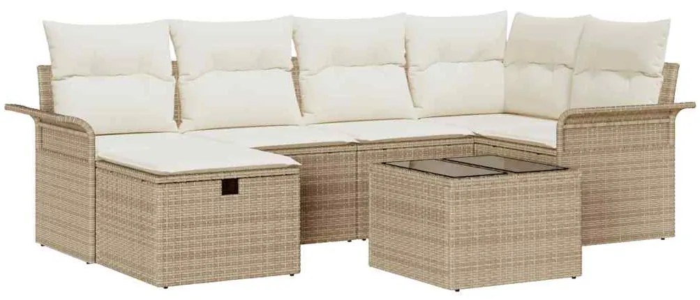 Conjunto de Sofás de Jardim de 7 Peças com Almofadas Bege Rattan Polié