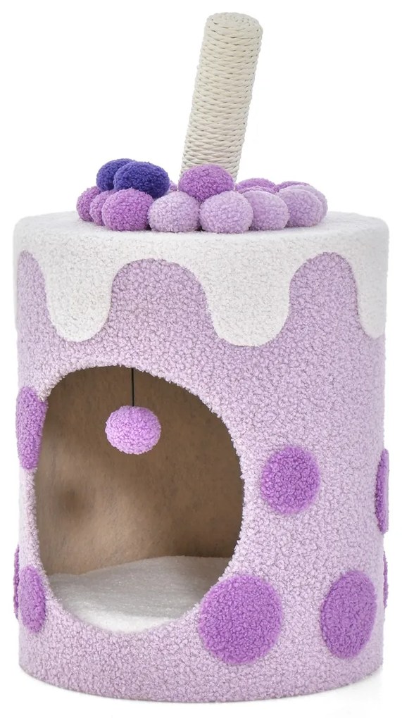 Arranhador para gatos em forma de chá de bolhas Torre para gatos com poste de arranhar em sisal e bola suspensa 67 x 37 x 37 cm roxo e branco